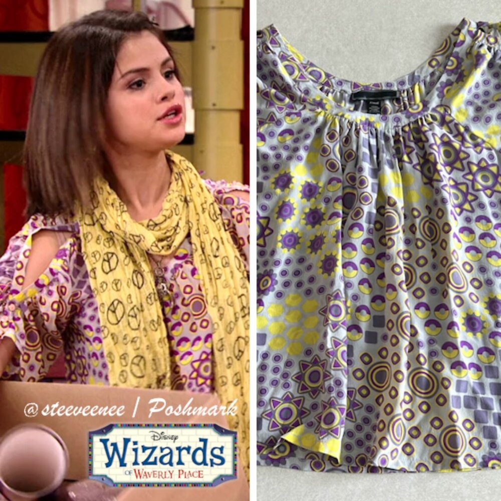 Silk Purple Pattern Blouse with Shoulder Cutouts ASO Alex Russo